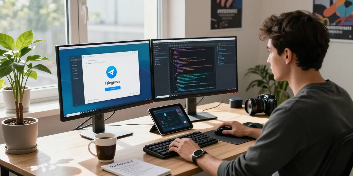 Efficient workspace showcasing the Telegram download app on dual monitors, capturing a developer's focused coding environment.