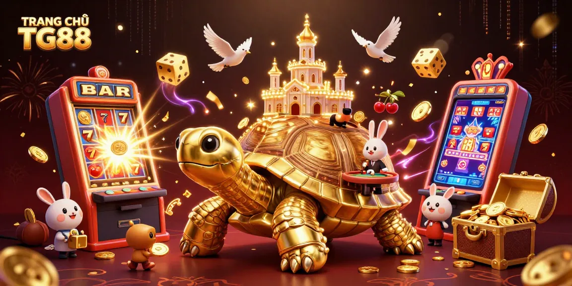 Experience the excitement at TRANG CHỦ TG88 with a colorful illustration featuring a golden tortoise casino.