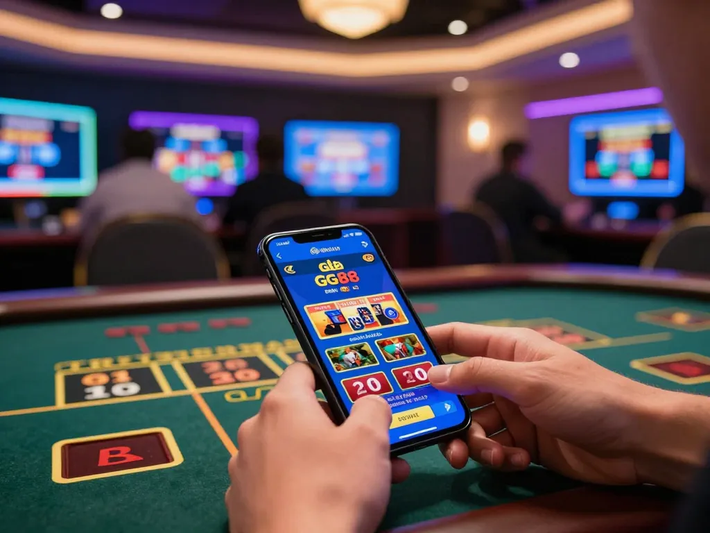Engaging with nhà cái GG88 app on smartphone, showcasing vibrant online casino gaming.