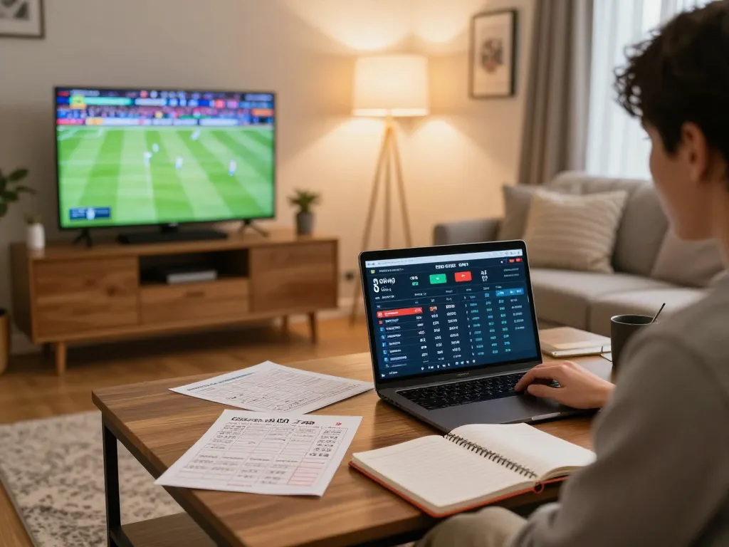 Savvy bettor analyzing soi kèo odds on laptop during an exciting game night at home.
