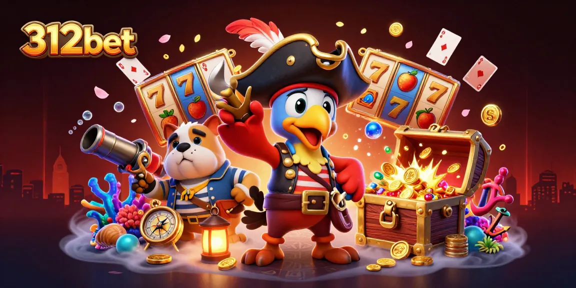 Engage with the vibrant 312bet casino scene showcasing colorful slots, pirate characters, and treasures.