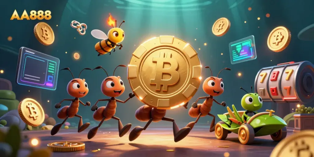 Engaging AA888 illustration with ants stealing a giant poker chip among vibrant casino elements.