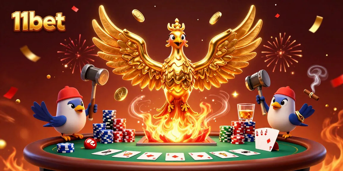 Experience the thrill of poker at 11bet with a golden phoenix and vibrant casino elements.