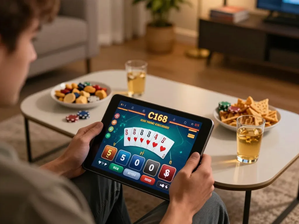 C168 player analyzing poker strategies while enjoying a cozy online gaming session at home.