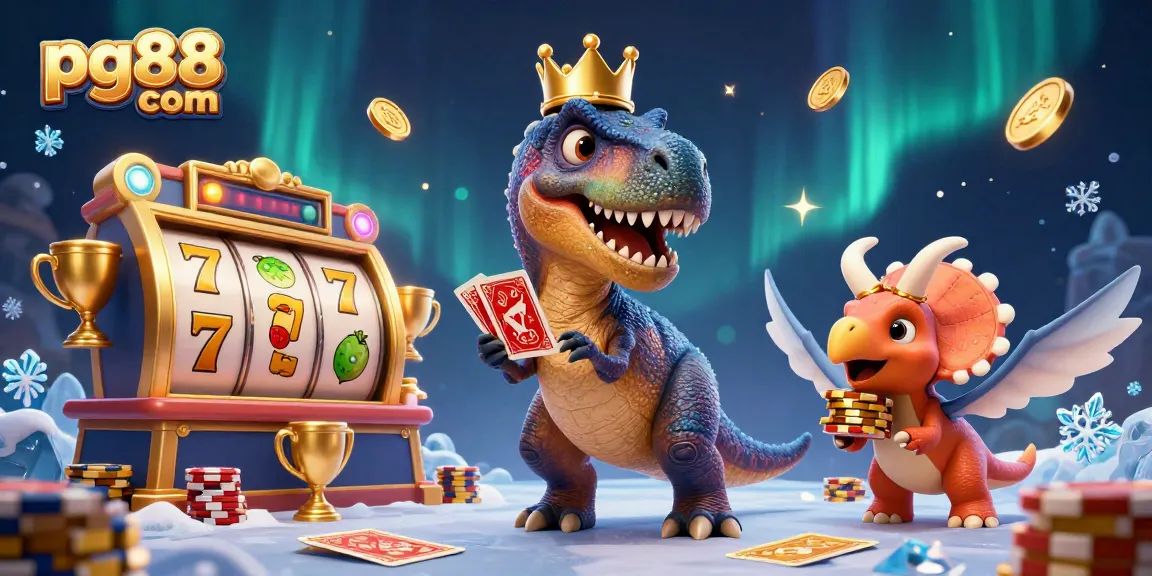 Engage in thrilling gameplay with pg88 com, featuring a friendly T-Rex and vibrant casino elements.