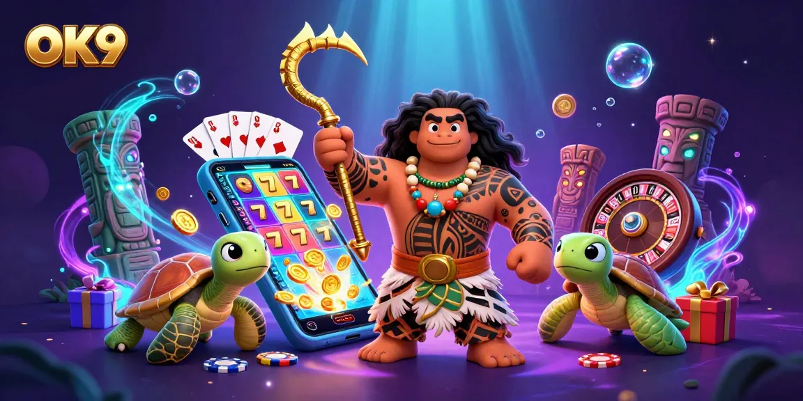 Experience thrilling gameplay at OK9 with our lively 3D illustration showcasing slot games and vibrant casino elements