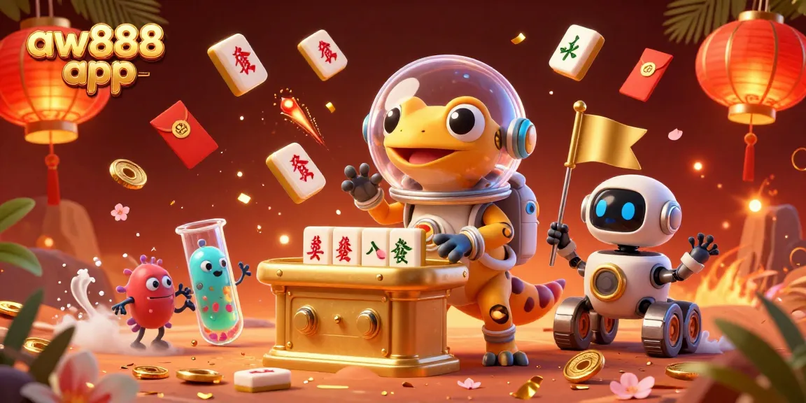 Engage with the aw888 app as a Martian gecko explores a golden casino surrounded by dynamic casino elements in vibrant 3D.