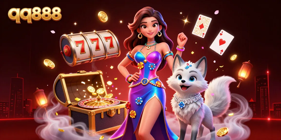 Participe de jogos emocionantes no qq888 com uma ilustração impressionante que exibe elementos dinâmicos de cassino e designs vibrantes.