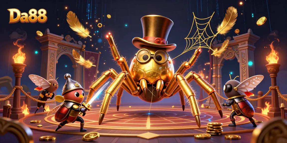 Experience Da88's thrilling casino world with a golden tarantula and brave beetle knight.