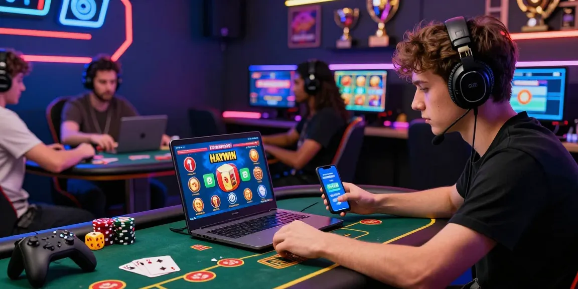 Players experiencing HAYWIN's online gaming with engaging poker matches and vibrant digital game icons.