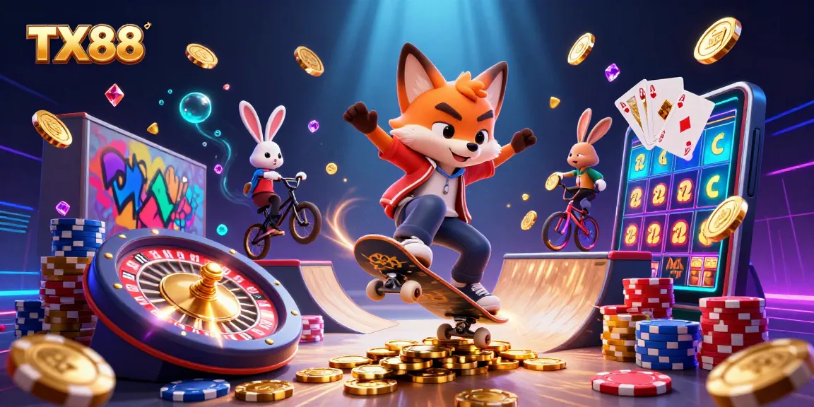 Experience the excitement of TX88 with a dynamic illustration of a fox skateboarder and rabbit rider in a vibrant casino scene.