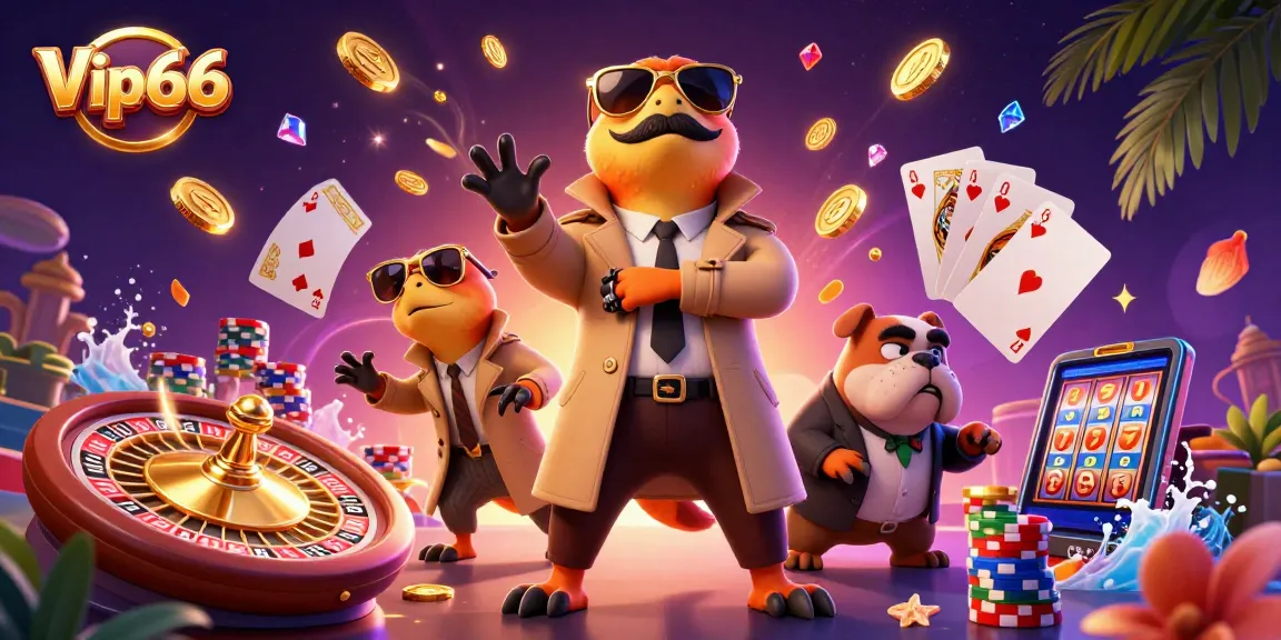 Experience the thrills of Vip66 in a vibrant, dynamic casino scene with raptors and a bouncer.