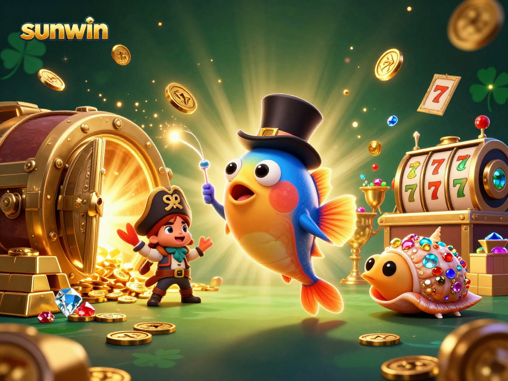 Enhance your gaming experience with sunwin as an anglerfish attracts coins in a vibrant 3D casino scene.