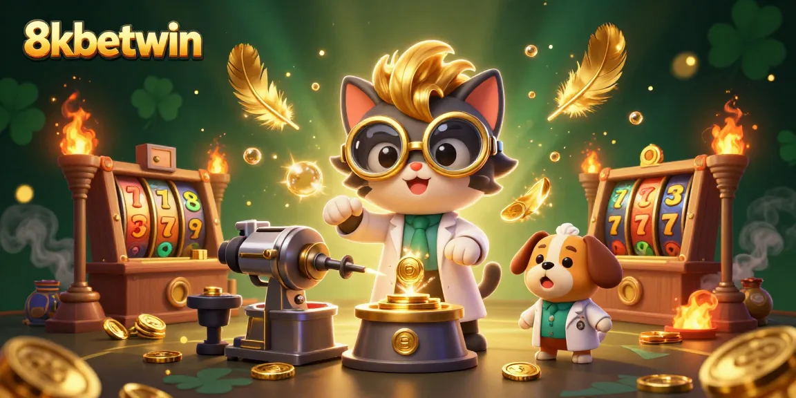 Engage in thrilling slots action with 8kbetwin, featuring cartoonish characters amidst vibrant casino elements.