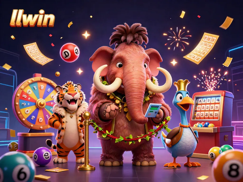 Experience llwin's lively casino atmosphere with a vibrant illustration of a mammoth bouncer and colorful lottery elements.