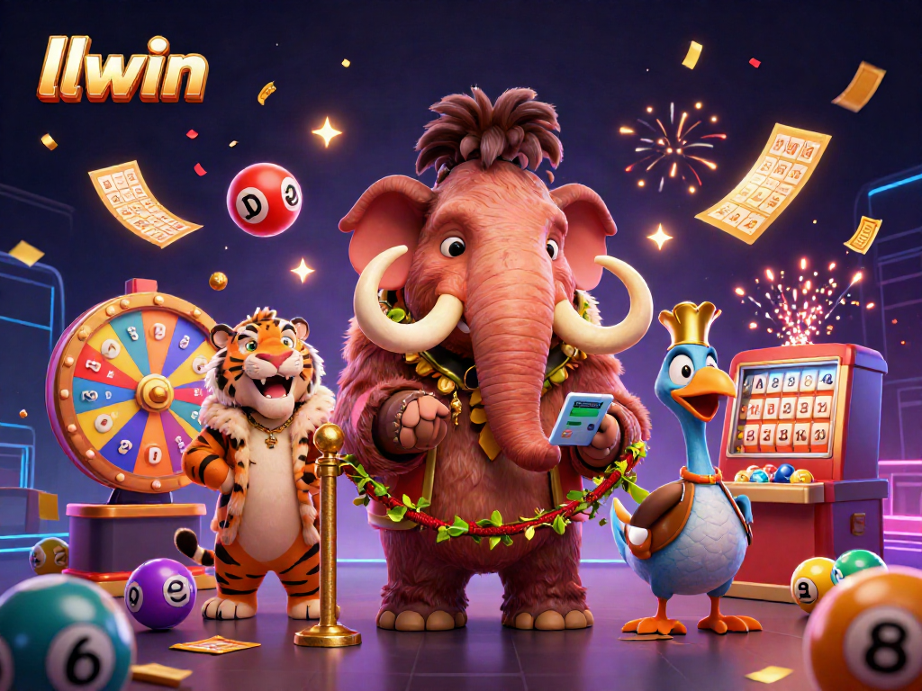 Experience llwin's lively casino atmosphere with a vibrant illustration of a mammoth bouncer and colorful lottery elements.