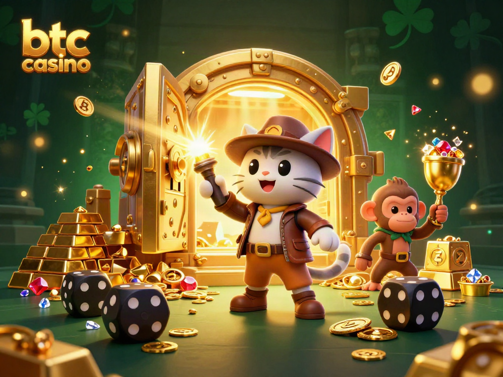 Experience thrilling action at a btc casino with a cat archaeologist and his monkey companion.