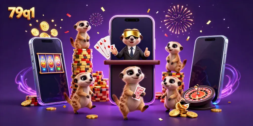 Experience the vibrant energy of 79q1 Casino with meerkats engaging in dynamic gaming activities, surrounded by festive decorations.