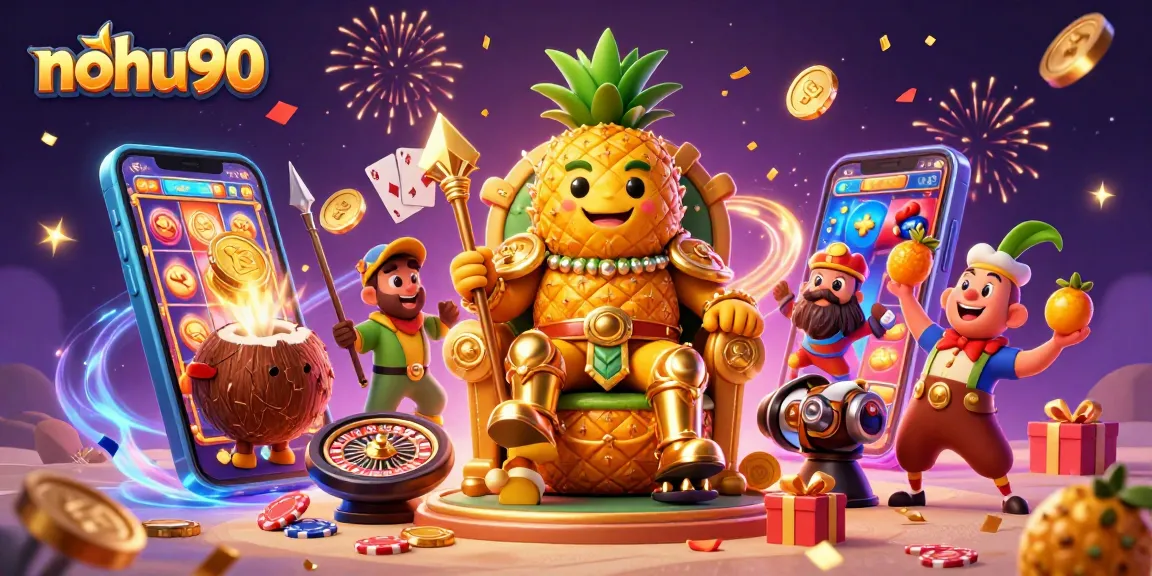 Nohu90 king leads a colorful beach casino adventure with dynamic slot and betting elements.