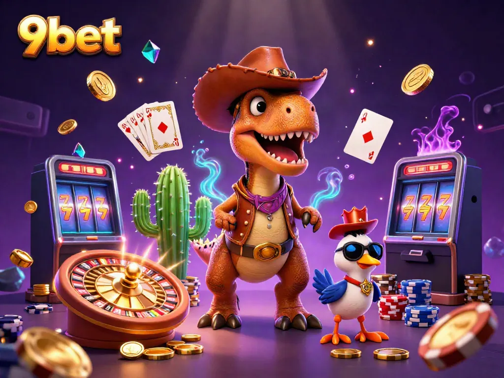 Win big at 9bet with a colorful 3D cartoon scene of casino action featuring a dinosaur cowboy and vibrant game elements.