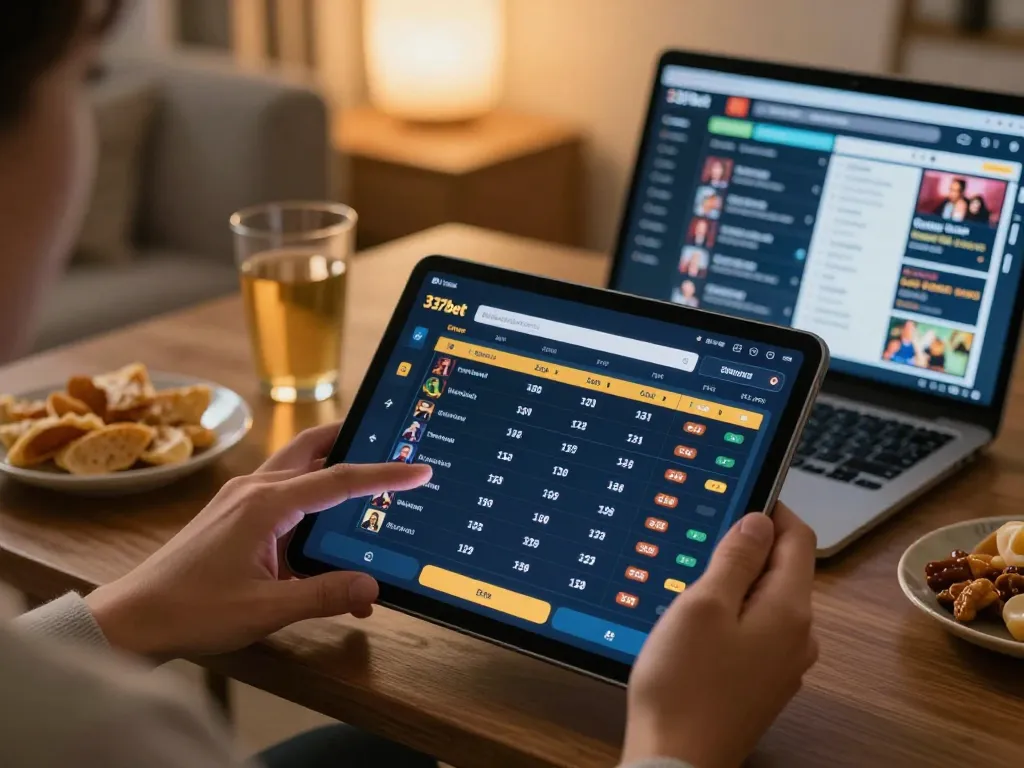 Apostando em esportes no aplicativo da 337bet, com odds ao vivo exibidas em um tablet, mostrando um ambiente de jogo em casa.