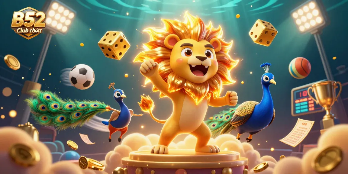 A dynamic 3D illustration of B52 Club chính thức featuring a roaring lion, golden dice and vibrant sports elements.