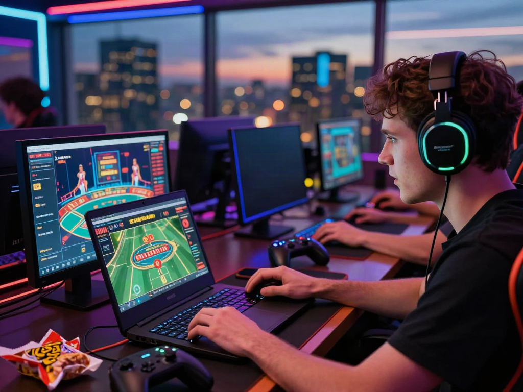 Engaged player at GEM88 online gaming setup with dual screens and city view.