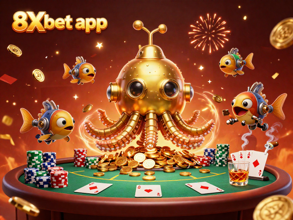 Experience the excitement of 8Xbet app with a lively illustration of golden kraken and poker elements.
