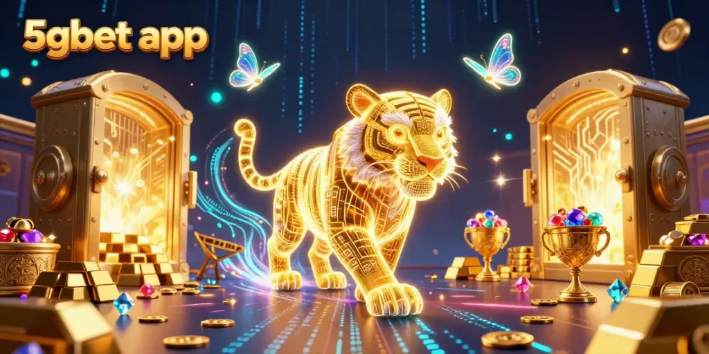 Experience the excitement of the 5gbet app with vibrant gaming elements and a neon tiger in a digital casino.