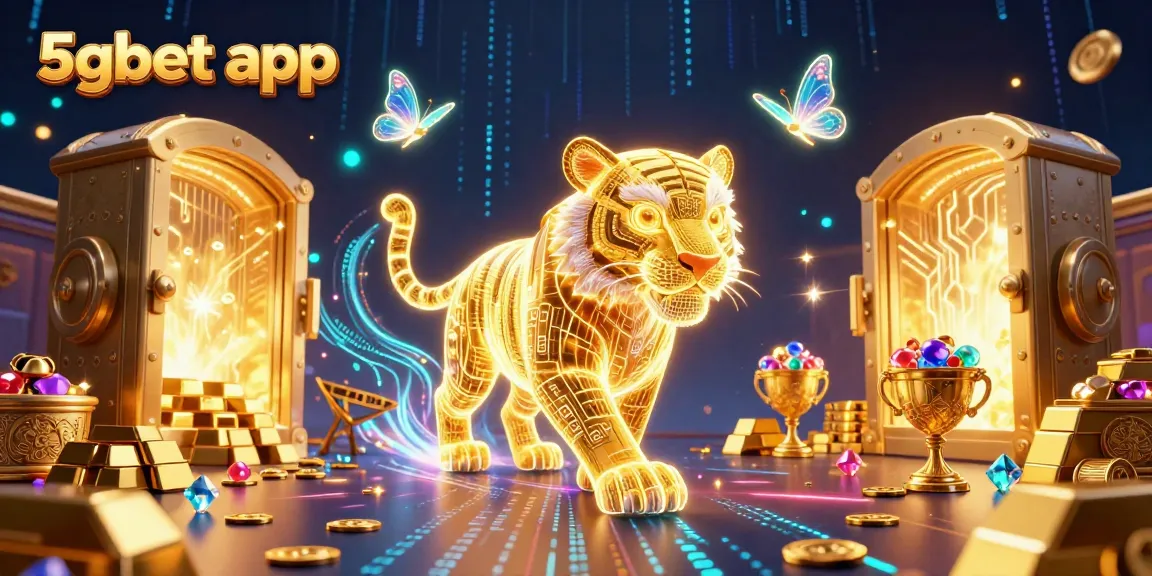 Experience the excitement of the 5gbet app with vibrant gaming elements and a neon tiger in a digital casino.