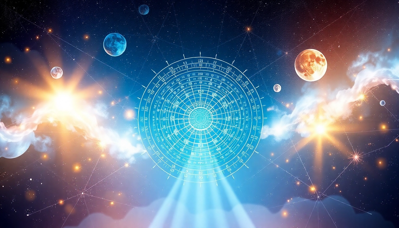 Visual representation of the destiny matrix, showcasing a celestial chart filled with cosmic elements.
