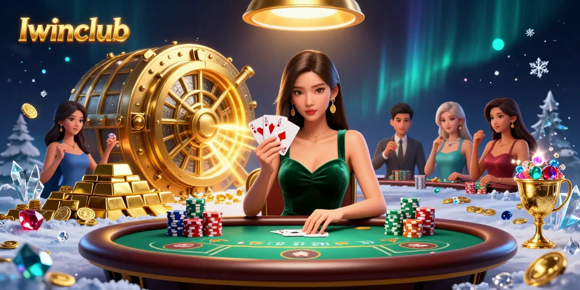 Iwinclub features a beautiful Asian woman holding poker cards at a luxury table, surrounded by gold treasures.