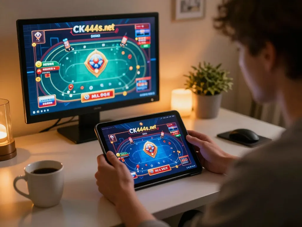 Player engaging with ck444s.net on tablet, showcasing online gambling excitement from home setting.