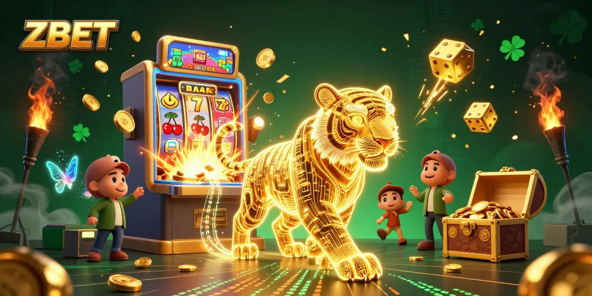 ZBET's vibrant digital casino scene filled with golden tiger, jackpot symbols, and dynamic gameplay elements.