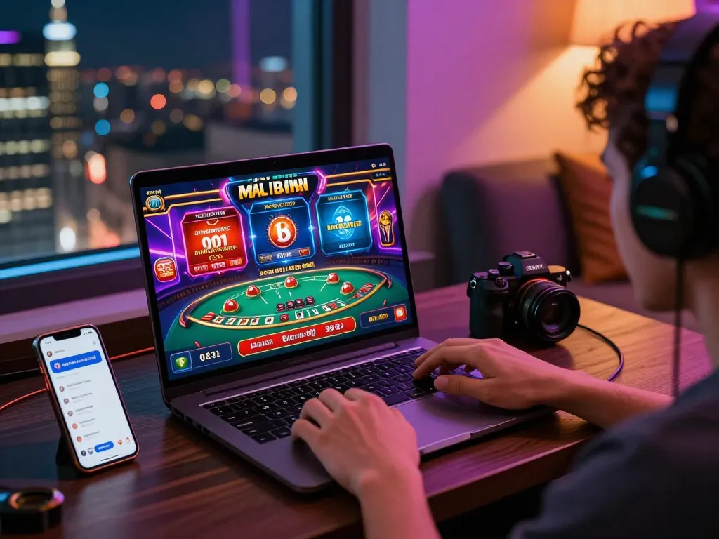 Exciting gaming scene showing the trang chủ Onbet interface on a laptop with colorful casino game graphics.