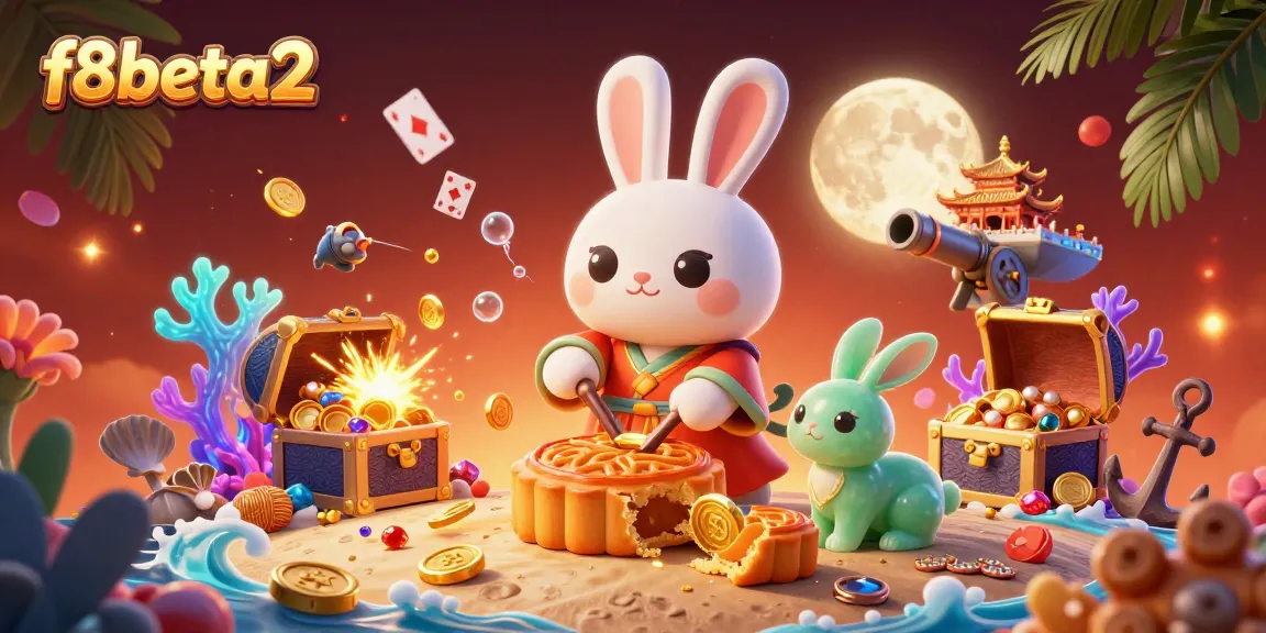 Play and win at f8beta2 with a dazzling 3D scene of a moon rabbit and poker chips in a mythical setting.