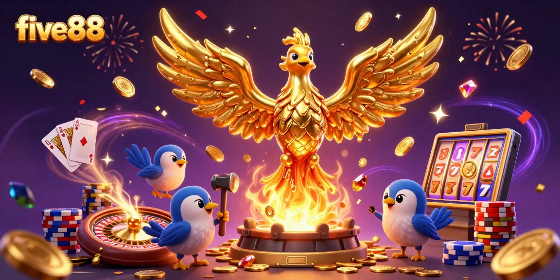 five88 offers an exhilarating casino experience with golden phoenix, coins, and vibrant game elements.