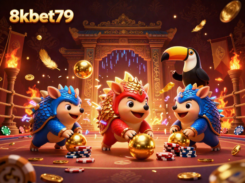 Experience the thrilling gaming action of 8xbet79 with rival pangolins competing in a colorful casino scene.