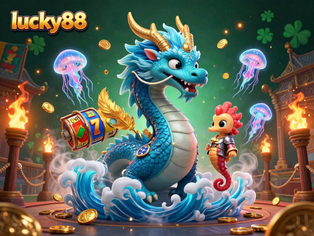 Engage with the vibrant lucky88 dragons and knights in this dynamic slot gaming scene.
