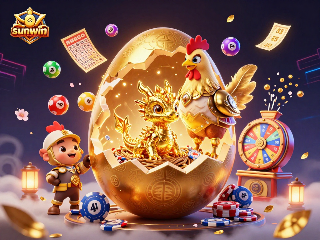 Join in the excitement of sunwin with this dynamic 3D casino scene showcasing golden treasures and vibrant lottery balls.