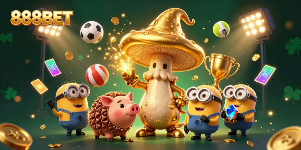 Experience the magic of 888BET gaming with a vibrant 3D scene filled with fantasy and sports elements.