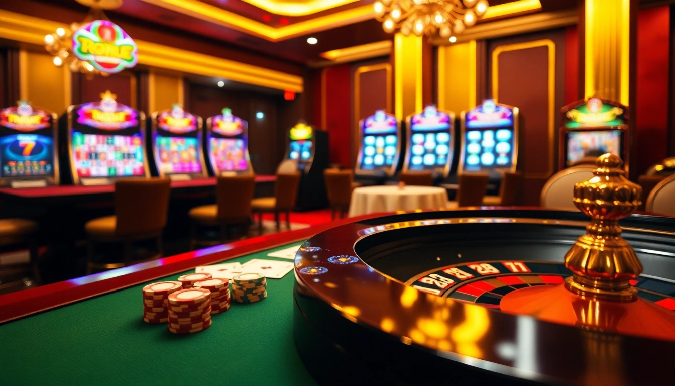 bongdanet provides an engaging casino scene featuring a poker table and roulette wheel, encapsulating the thrill of betting.