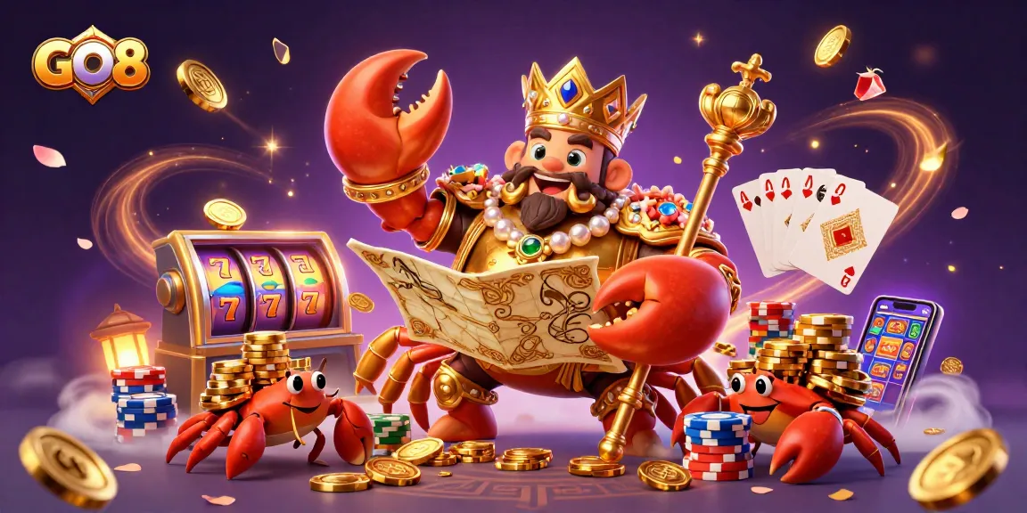 Engage with the GO8 casino world featuring a golden crab emperor and vibrant slot elements.