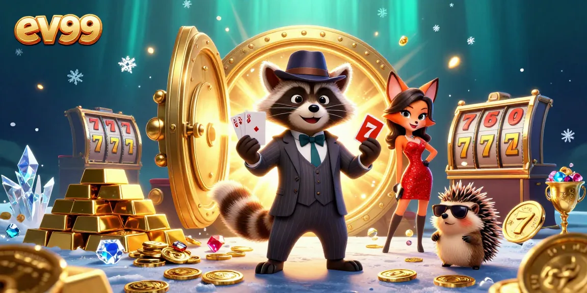 ev99 gaming adventure showcasing raccoon and fox celebrating with slot reels and treasures