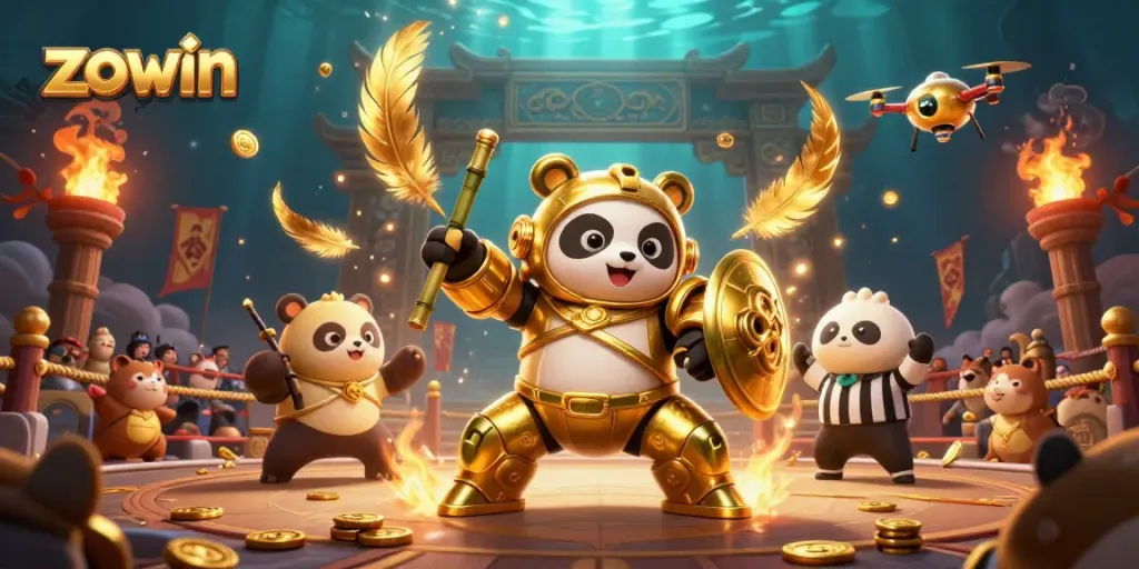 Zowin engages players with dynamic casino action featuring a golden panda in a vibrant arena.
