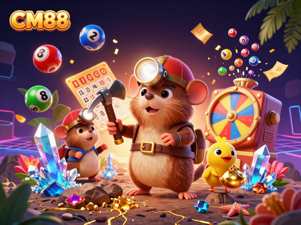 Engage in thrilling games at CM88 with vibrant lottery elements and a treasure hunter scene.