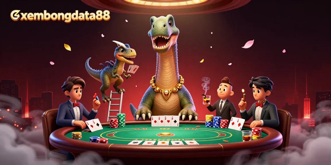 xembongdata88 captures a vivid poker showdown with playful dinosaurs in a vibrant casino scene.