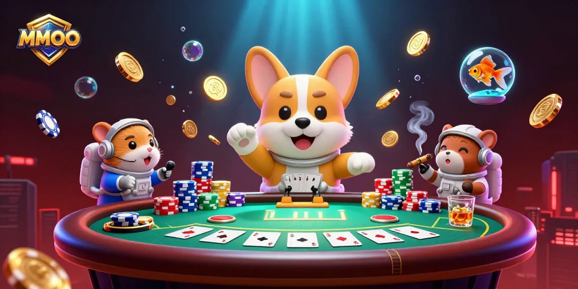 Join the MMOO adventure with a floating corgi and sparkling poker game action in space.