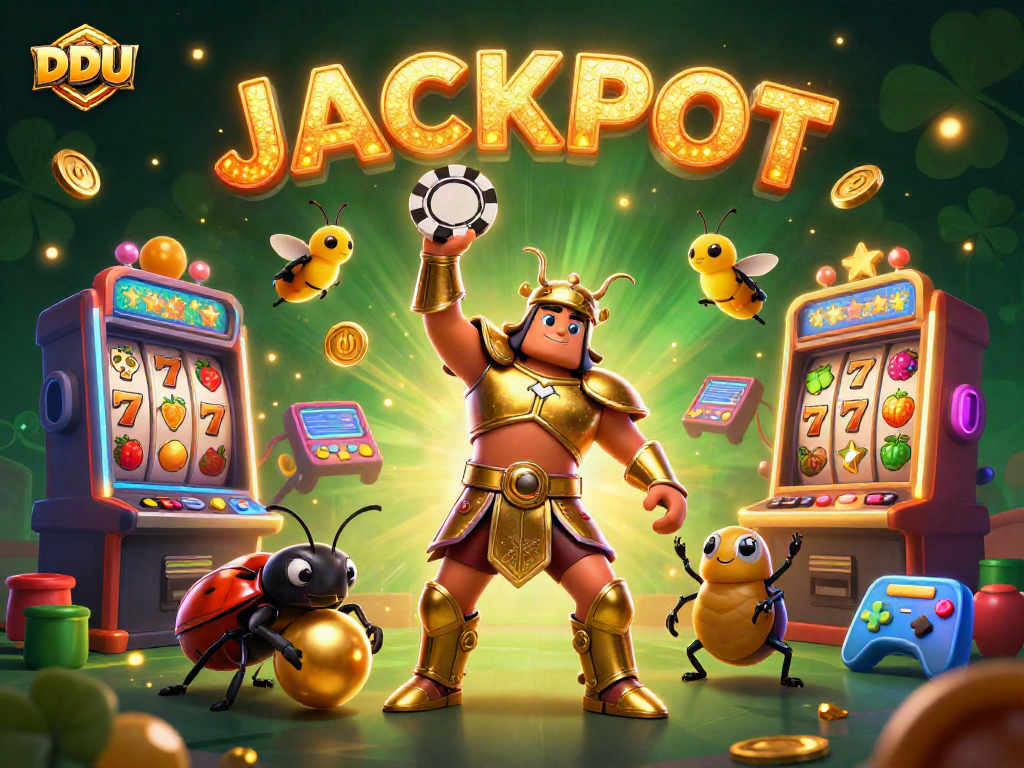 Experience DDUU's thrilling jackpot with a colorful 3D casino scene featuring animated insects and slot machines.