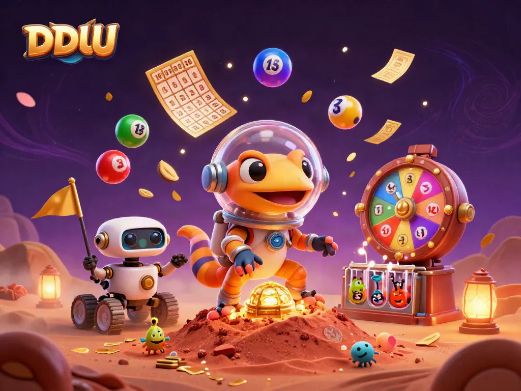 Join the DDUU adventure in a vibrant 3D casino scene filled with lottery excitement and alien cheer.